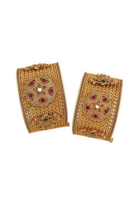Traditional Brass Gold Plated Patla Bangles for Women Antique Broad Kada Bracelet Set with Ruby Stone Design