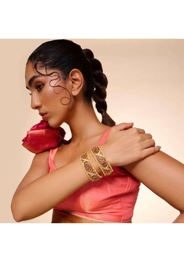 Kushals Fashion Jewellery Ruby Green Gold Plated Antique Bangles for Women Bridal and Occasion Wear - Indya