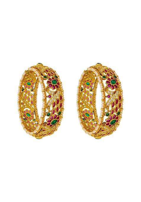 Kushals Fashion Jewellery Ruby Green Gold Plated Antique Bangles for Women Bridal and Occasion Wear