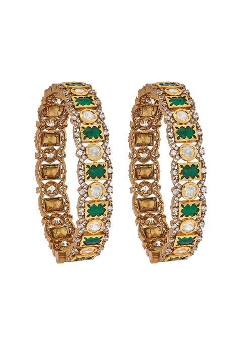 Kushals Fashion Jewellery Green Victorian Polished Copper Kundan Bangles