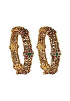 Kushals Fashion Jewellery Ruby Green Oxidised Gold Polished 925 Silver Temple Bangles