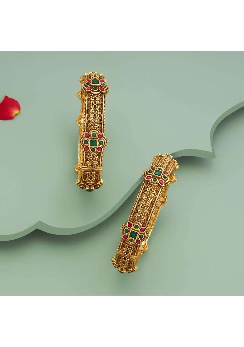 Kushals Fashion Jewellery Ruby Green Oxidised Gold Polished 925 Silver Temple Bangles - Indya