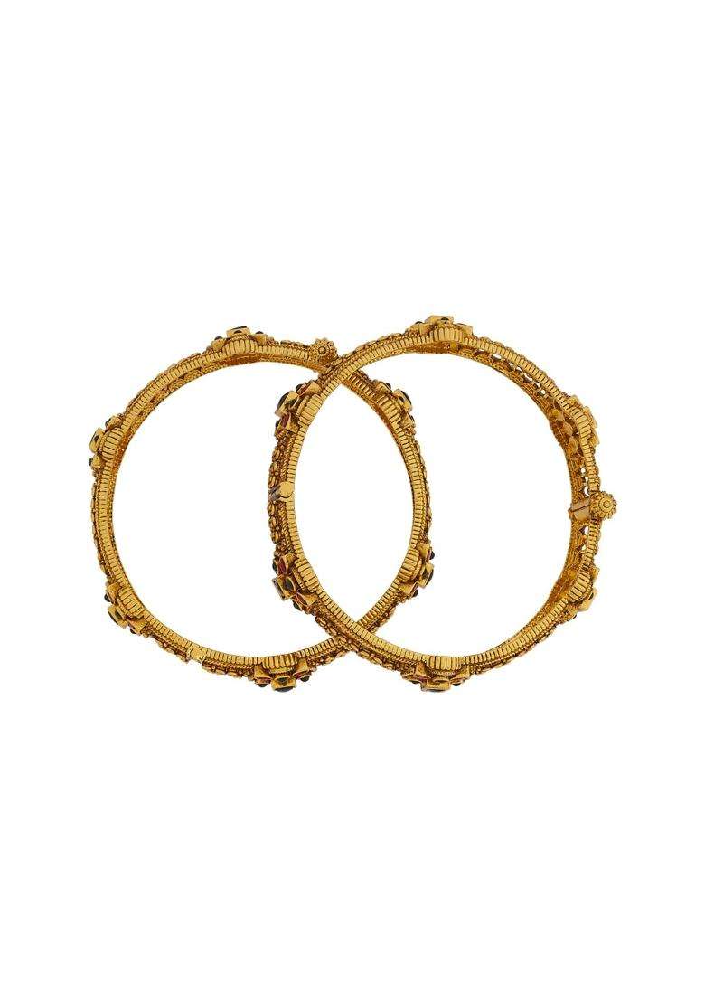 Kushals Fashion Jewellery Ruby Green Oxidised Gold Polished 925 Silver Temple Bangles - Indya