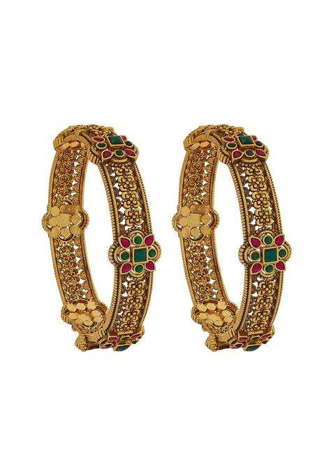 Kushals Fashion Jewellery Ruby Green Oxidised Gold Polished 925 Silver Temple Bangles