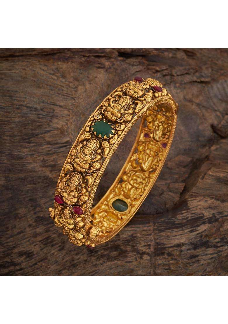 Kushals Fashion Jewellery Ruby Green Oxidised Gold Polished 925 Silver Temple Bangles - Indya