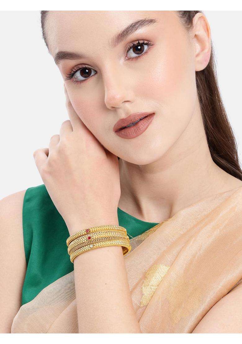 Nuyug Gold Plated Ruby Accent Heritage Bangle Set - Indya