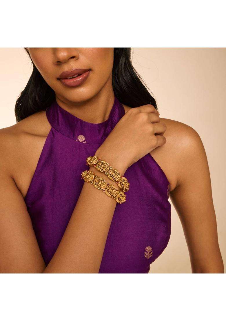 Kushals Fashion Jewellery Ruby Green Gold Plated Antique Bangles for Women Bridal Bridesmaid and Occasion Wear - Indya