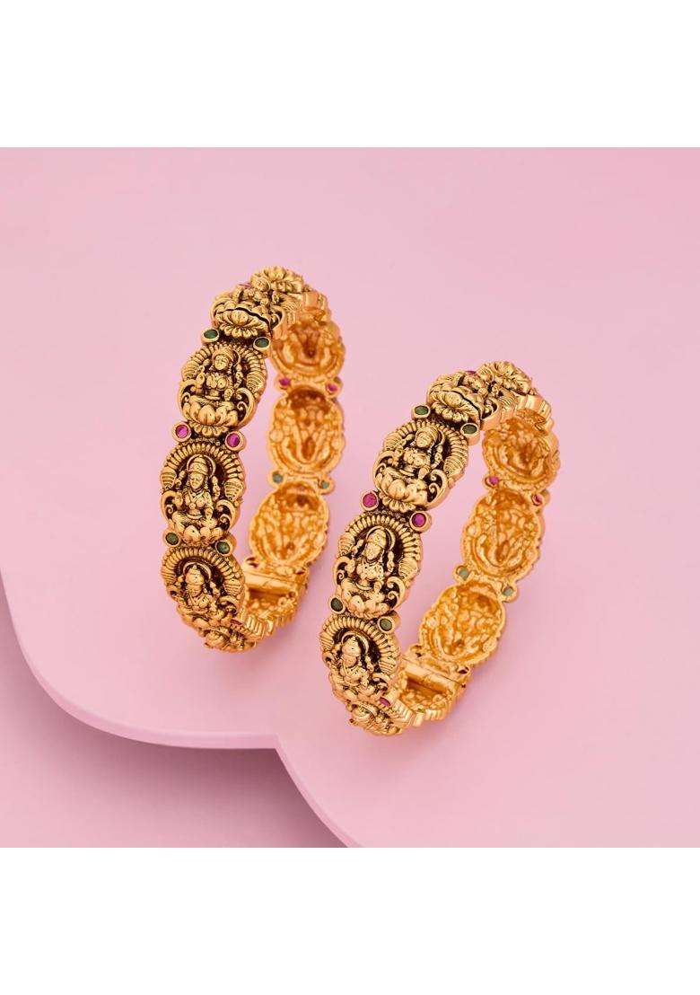Kushals Fashion Jewellery Ruby Green Gold Plated Antique Bangles for Women Bridal Bridesmaid and Occasion Wear - Indya
