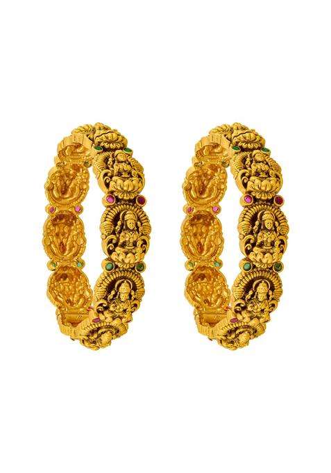 Kushals Fashion Jewellery Ruby Green Gold Plated Antique Bangles for Women Bridal Bridesmaid and Occasion Wear