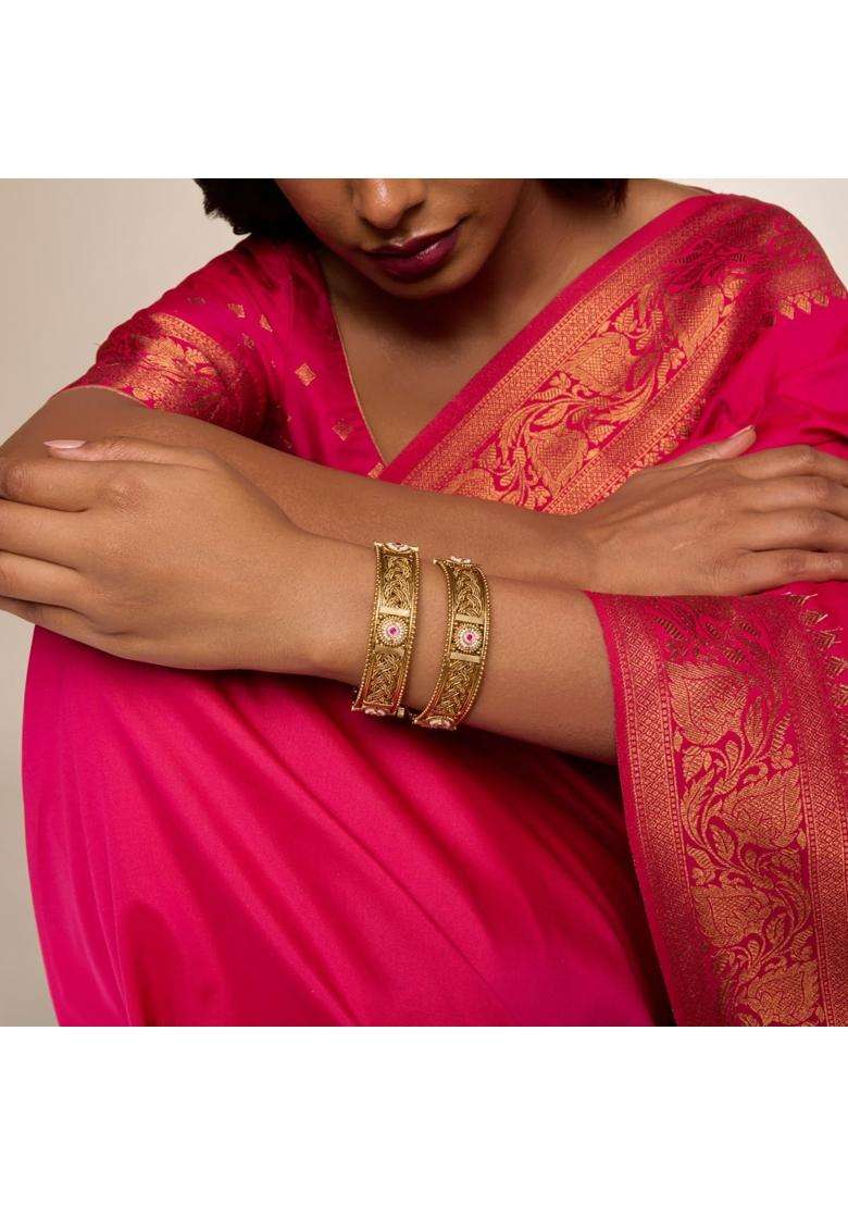 Kushals Fashion Jewellery Ruby Gold Plated Antique Bangles for Women Festive Bridal and Occasion Wear - Indya