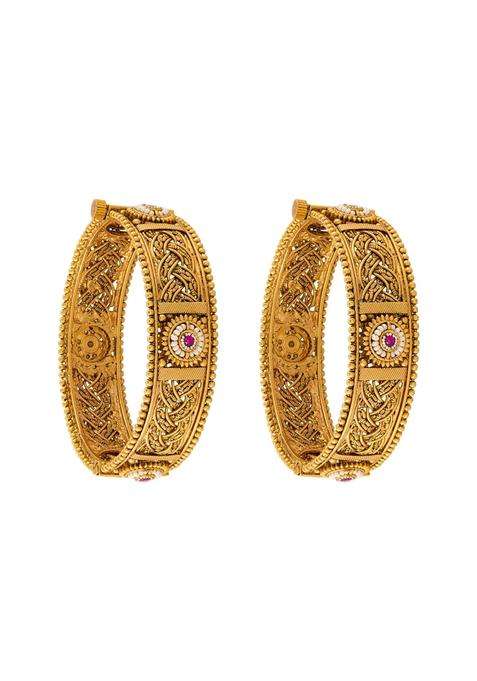 Kushals Fashion Jewellery Ruby Gold Plated Antique Bangles for Women Festive Bridal and Occasion Wear