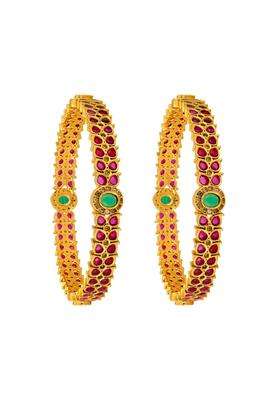 Kushals Fashion Jewellery Ruby Green Gold Plated Antique Bangles for Women