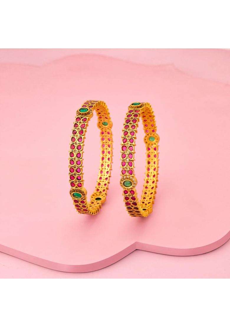 Kushals Fashion Jewellery Ruby Green Gold Plated Antique Bangles for Women - Indya