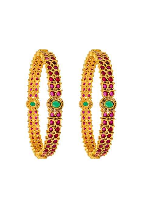 Kushals Fashion Jewellery Ruby Green Gold Plated Antique Bangles for Women