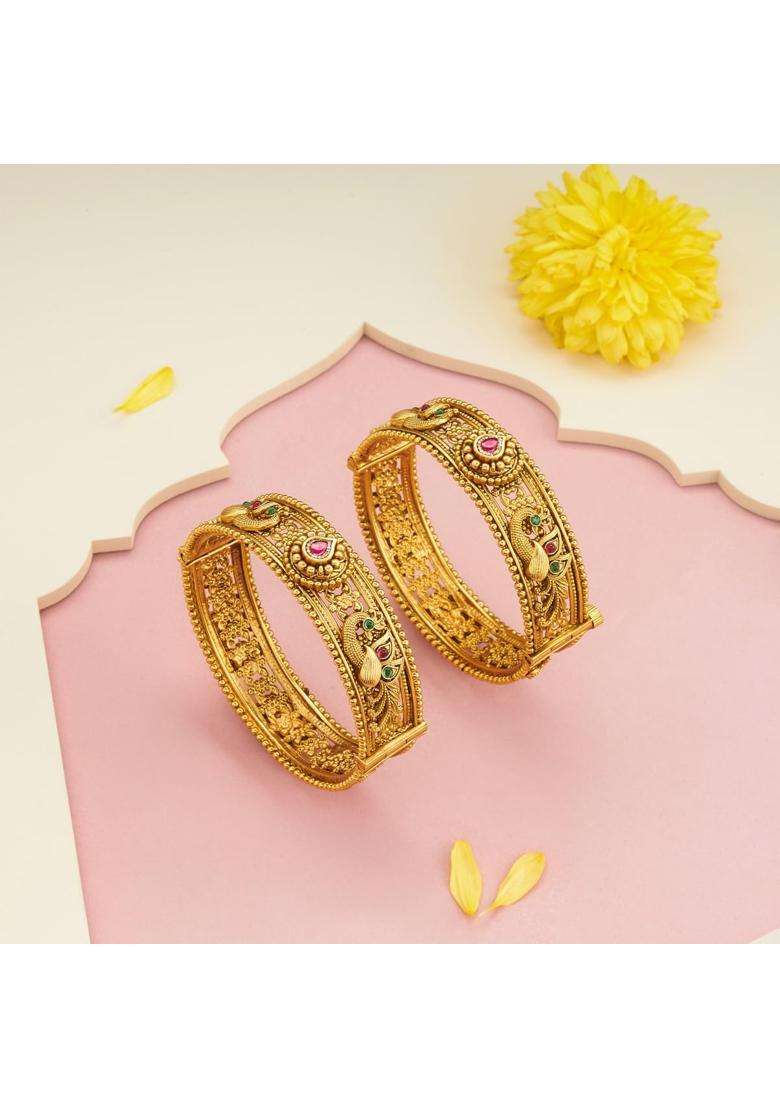 Kushals Fashion Jewellery Ruby Green Gold Plated Antique Bangles for Women Festive Bridal and Occasion Wear - Indya