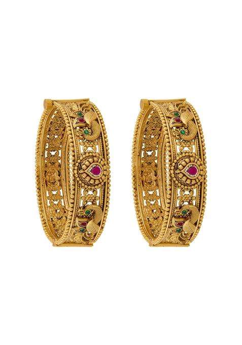 Kushals Fashion Jewellery Ruby Green Gold Plated Antique Bangles for Women Festive Bridal and Occasion Wear
