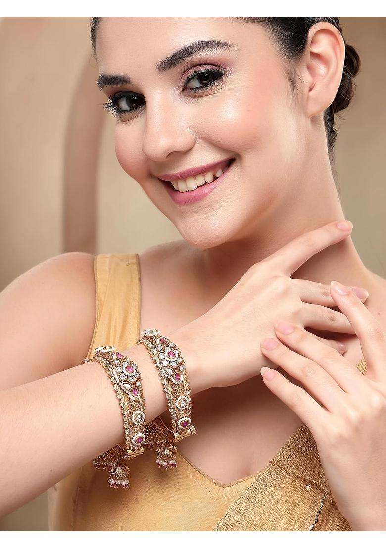 Karatcart Traditional Royal Design Gold Plated Red Stone Bridal Jhumka Bangles for Women - Indya