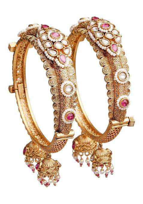 Karatcart Traditional Royal Design Gold Plated Red Stone Bridal Jhumka Bangles for Women
