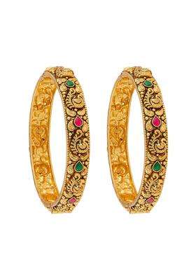 Kushals Fashion Jewellery Ruby Green Oxidised Gold Plated 925 Silver Temple Bangles for Women