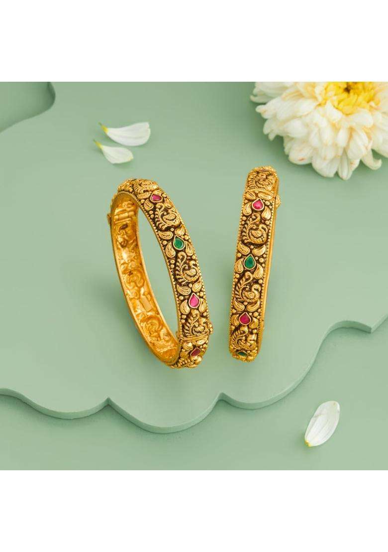 Kushals Fashion Jewellery Ruby Green Oxidised Gold Plated 925 Silver Temple Bangles for Women - Indya