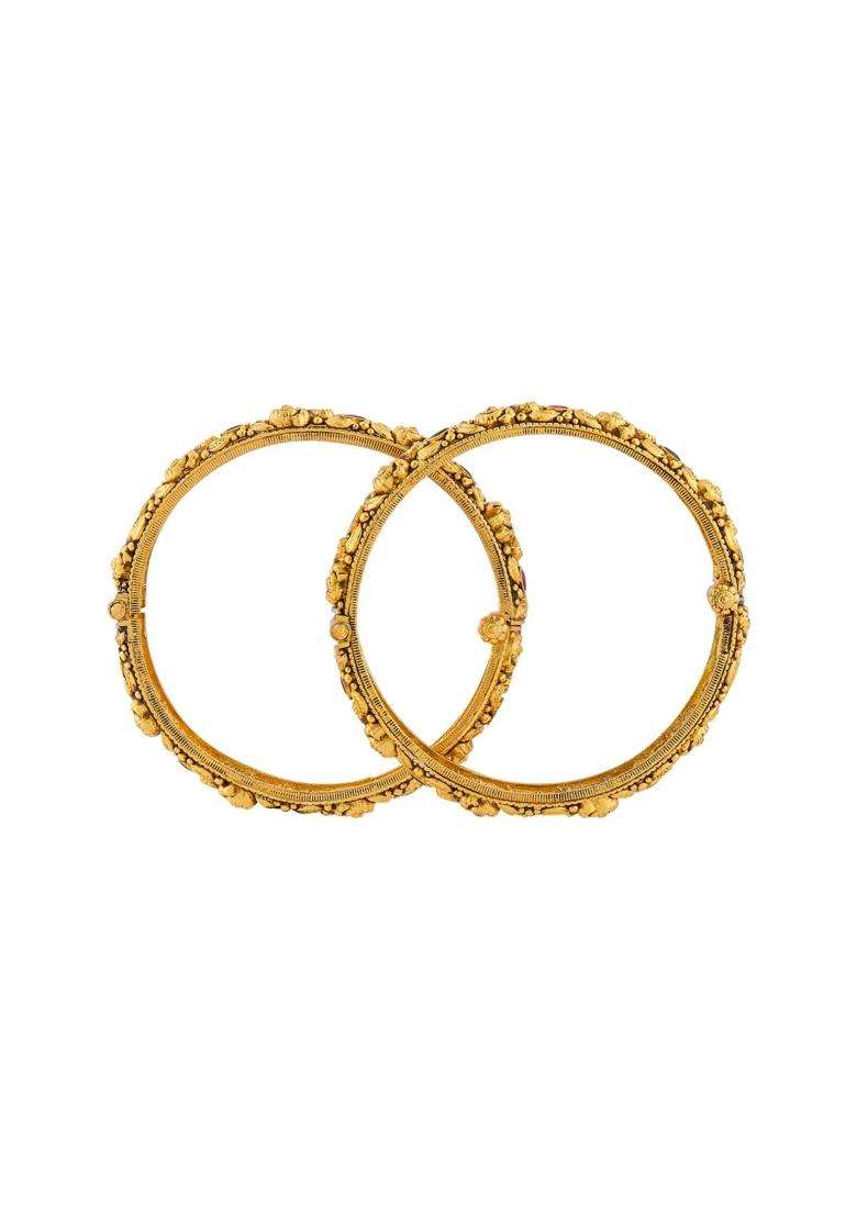 Kushals Fashion Jewellery Ruby Green Oxidised Gold Plated 925 Silver Temple Bangles for Women - Indya