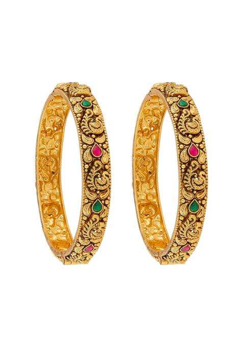 Kushals Fashion Jewellery Ruby Green Oxidised Gold Plated 925 Silver Temple Bangles for Women