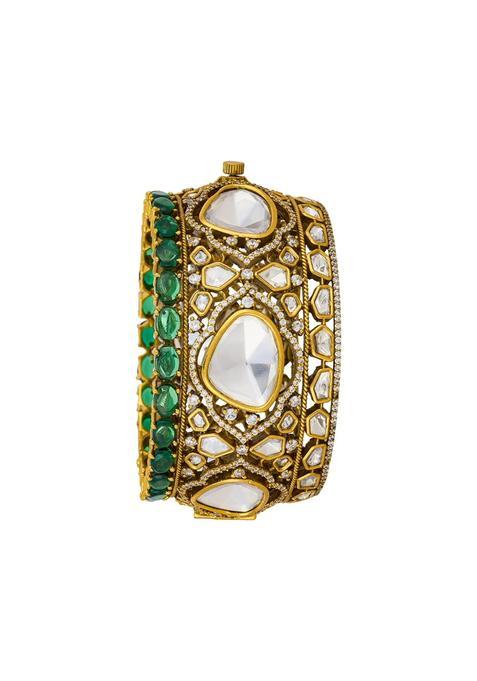 Kushals Fashion Jewellery Green Victorian Plated Kundan Bangle for Women with Secure Lock