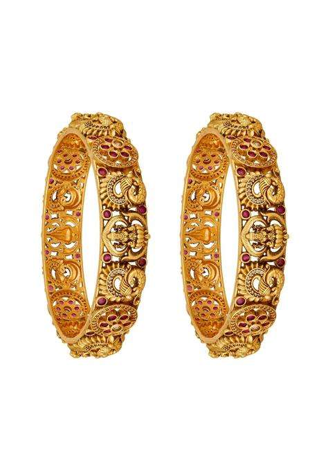 Kushals Fashion Jewellery Ruby Gold Plated Antique Bangles for Women