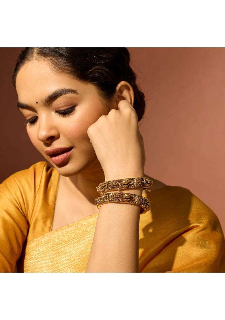 Kushals Fashion Jewellery Ruby Green Gold Plated Antique Bangles for Women Bridal Bridesmaid and Occasion Wear - Indya