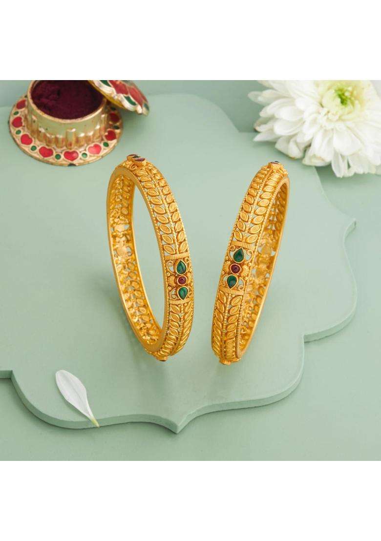 Kushals Fashion Jewellery Ruby Green Gold Plated 925 Silver Temple Bangles for Women - Indya