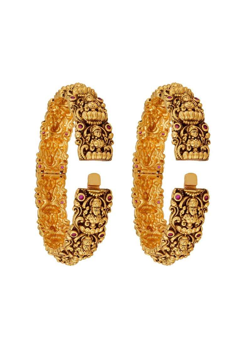 Kushals Fashion Jewellery Ruby Gold Plated Antique Bangles for Women with Secure Lock - Indya