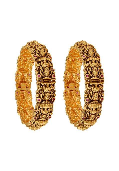 Kushals Fashion Jewellery Ruby Gold Plated Antique Bangles for Women with Secure Lock