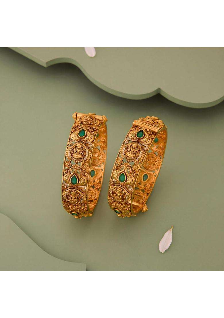 Kushals Fashion Jewellery Green Oxidised Gold Plated 925 Silver Temple Bangles for Women with Secure Lock - Indya