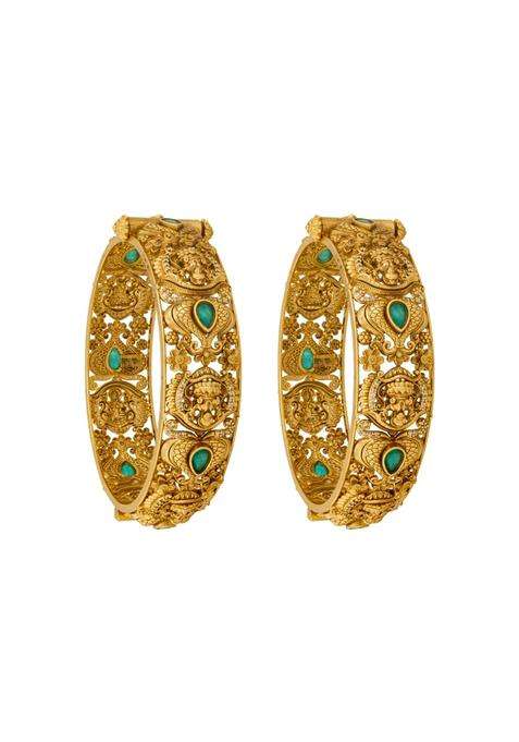 Kushals Fashion Jewellery Green Oxidised Gold Plated 925 Silver Temple Bangles for Women with Secure Lock