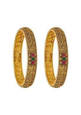 Kushals Fashion Jewellery Ruby Green Oxidised Gold Plated 925 Silver Temple Bangles for Women