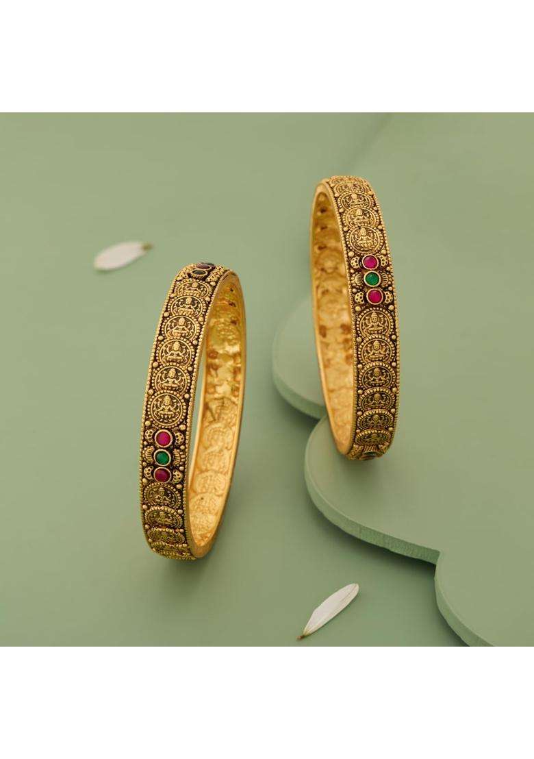 Kushals Fashion Jewellery Ruby Green Oxidised Gold Plated 925 Silver Temple Bangles for Women - Indya