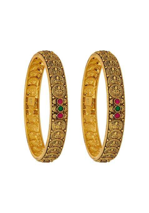 Kushals Fashion Jewellery Ruby Green Oxidised Gold Plated 925 Silver Temple Bangles for Women