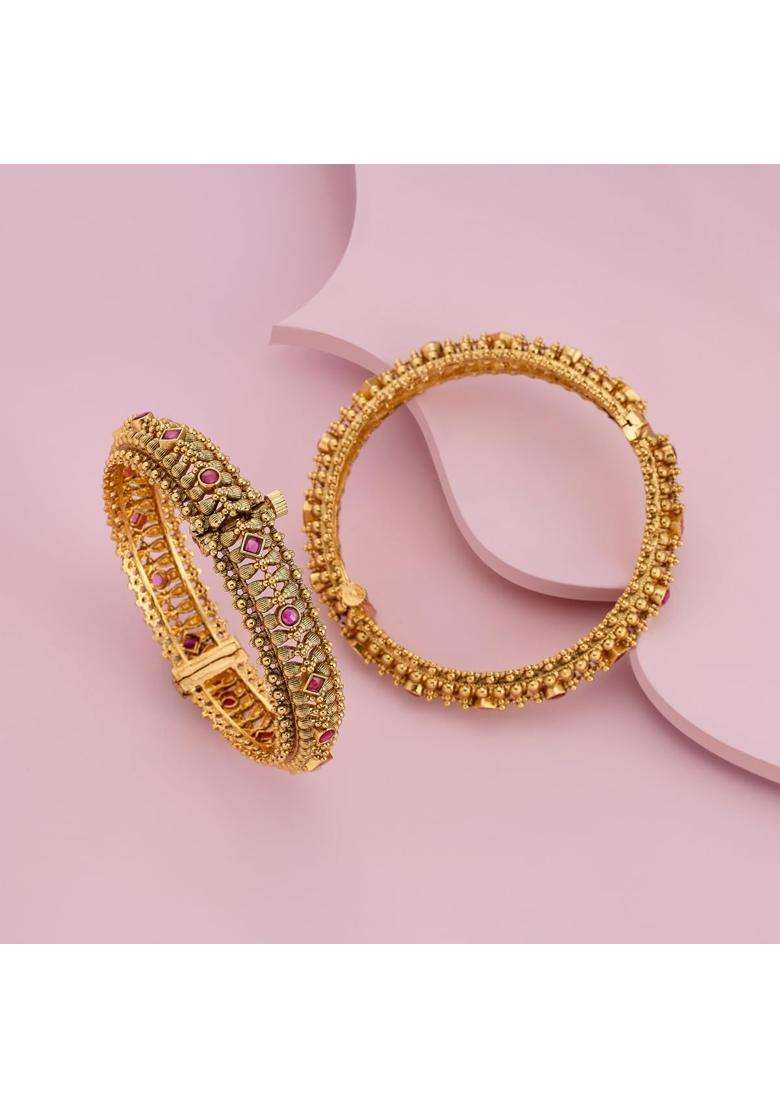 Kushals Fashion Jewellery Ruby Gold Polished Copper Antique Bangles with Locking System - Indya
