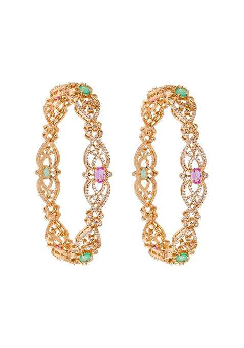 Kushals Fashion Jewellery Pink Mint Gold Rose Plated Zircon Bangles for Women Party Bridal and Occasion Wear