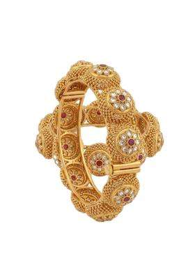 Traditional Gold Toned Gajra Bangle with Kundan and Ruby Floral Motifs Antique Style Set of 2