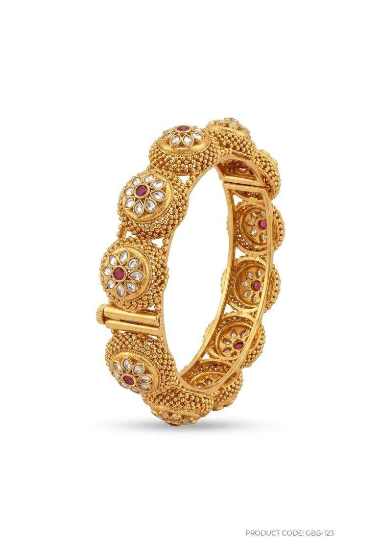 Traditional Gold Toned Gajra Bangle with Kundan and Ruby Floral Motifs Antique Style Set of 2 - Indya