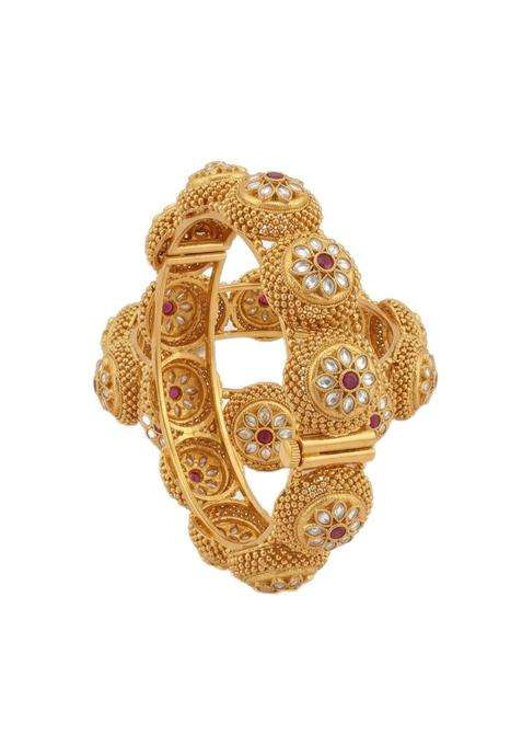 Traditional Gold Toned Gajra Bangle with Kundan and Ruby Floral Motifs Antique Style Set of 2