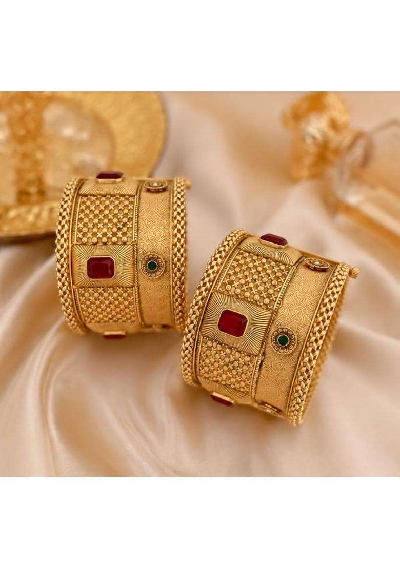 Traditional Brass Gold Plated Broad Patla Bangles for Women - Indya