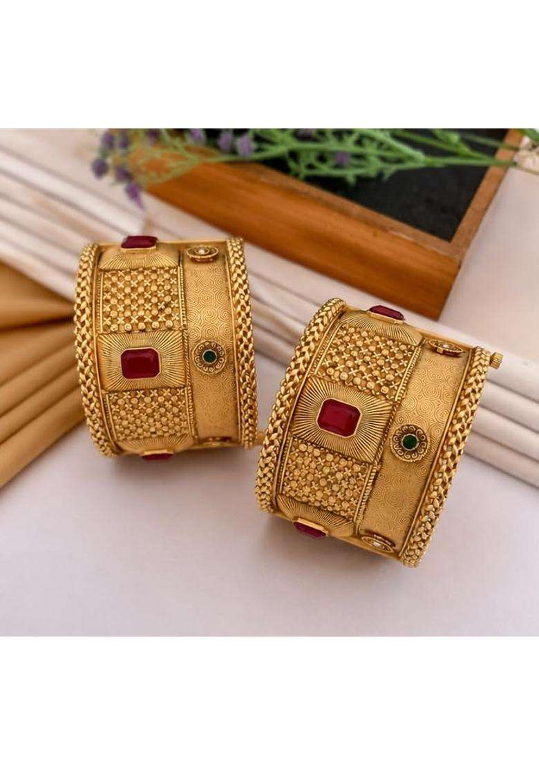 Traditional Brass Gold Plated Broad Patla Bangles for Women - Indya
