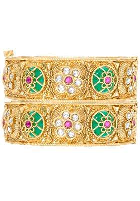 Peora Gold Plated Green Rani Pink Thick Kada Bangles Set for Women