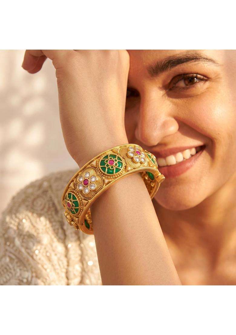 Peora Gold Plated Green Rani Pink Thick Kada Bangles Set for Women - Indya