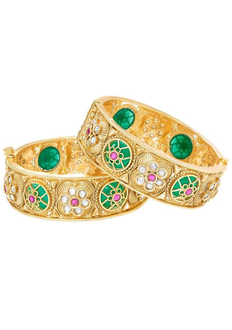 Peora Gold Plated Green Rani Pink Thick Kada Bangles Set for Women - Indya