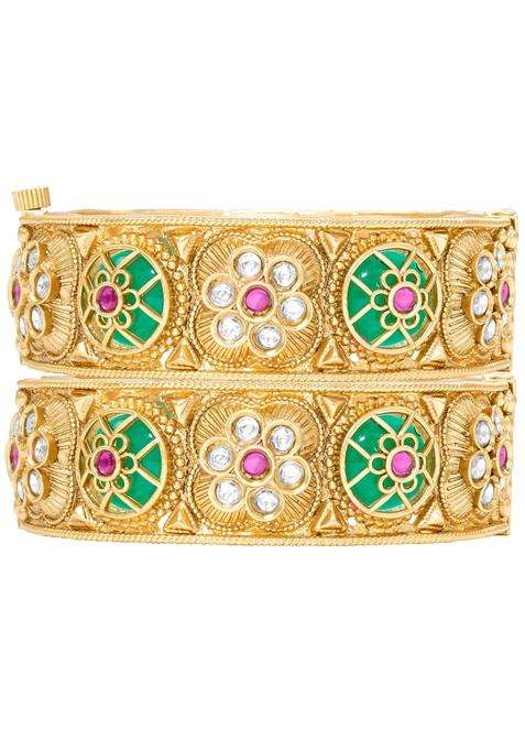 Peora Gold Plated Green Rani Pink Thick Kada Bangles Set for Women