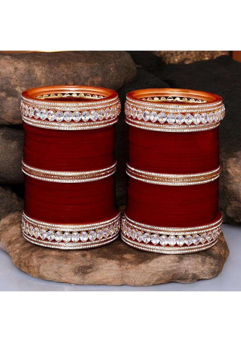 Lucky Jewellery Bridal Bangle Set Wedding Punjabi Chuda Solitair Designer Chura CZ Stone Maroon Color Choora - Indya