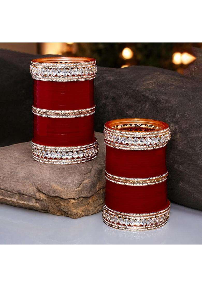 Lucky Jewellery Bridal Bangle Set Wedding Punjabi Chuda Solitair Designer Chura CZ Stone Maroon Color Choora - Indya